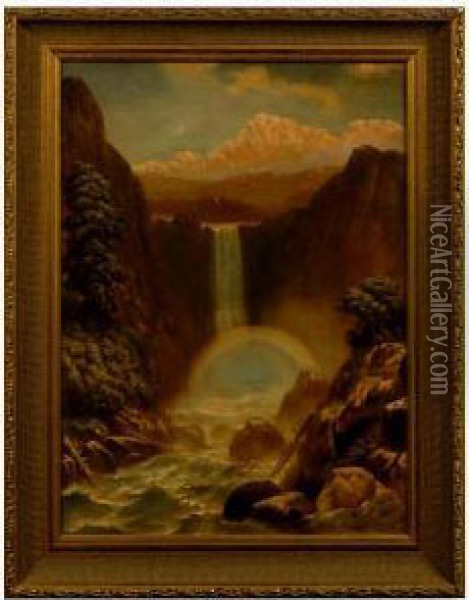 Mountain Waterfall With Rainbow. Oil Painting - Robert Atkinson Fox