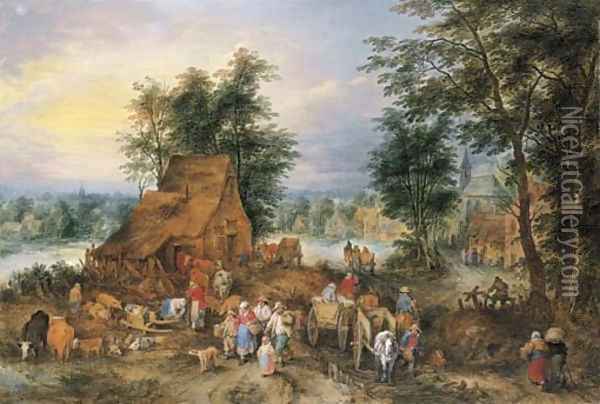 A village scene with peasants at work Oil Painting - Theobald Michau