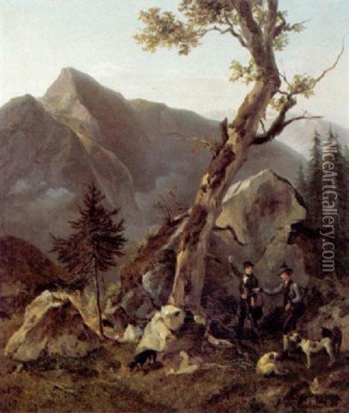 Jager, Von Hunden Begleitet, Im Hochgebirge Oil Painting - Franz Reinhold