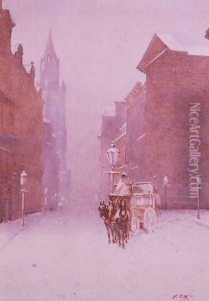 A winter street scene Oil Painting - A. Cox