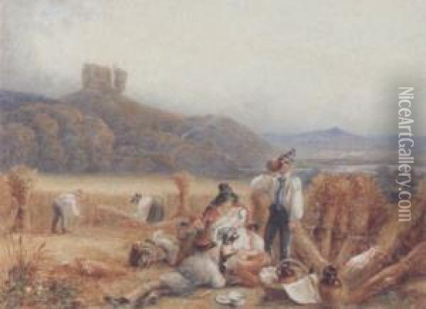 Harvesters Picknicking Near A Castle On A Hill Oil Painting - George Sidney Shepherd
