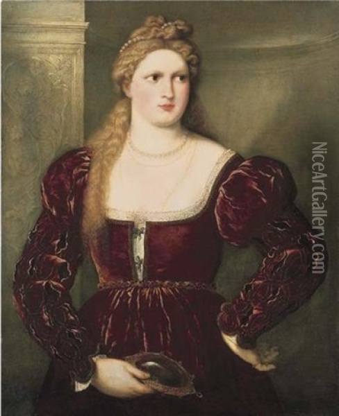 Violante: Portrait Of A Lady In A Red Velvet Dress, Holding A Mirror Oil Painting - Paris Bordone