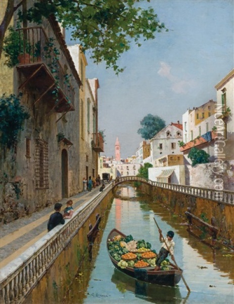 View Of A Venetian Canal Oil Painting - Giuseppe Cosenza