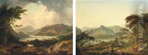 View Of Ullswater, Cumberland, Taken From Gowbarrow Park (+ View Of Grasmere, Westmoreland, Taken From White Moss; Pair) Oil Painting - Julius Caesar Ibbetson