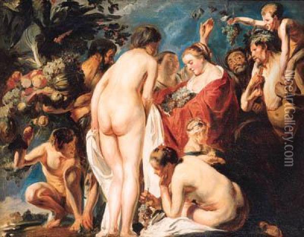 An Allegory Of Abundance: Nymphs And Satyrs Offering Fruit Topomona Oil Painting - Jacob Jordaens