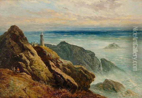 Rocky Coastal Scene With Lighthouse And Figures Oil Painting - Walter Williams