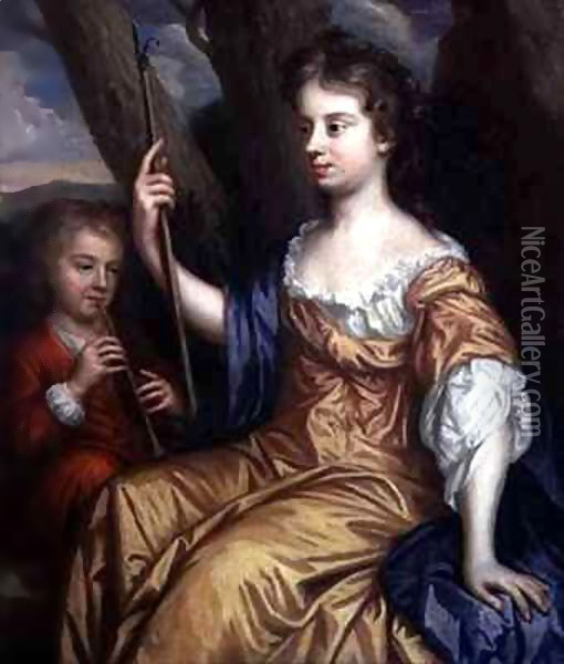 Self Portrait of the Artist as a Shepherdess with her Son Charles (1660-1714) in Attendance Oil Painting - Mary Beale