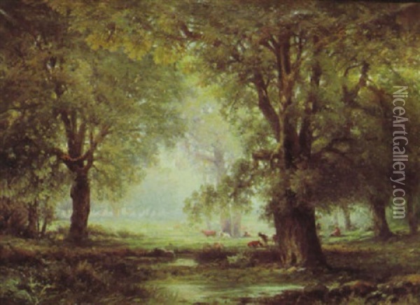 Waldlandschaft Mit Rastender Tierherde Oil Painting - Adolf Kaufmann