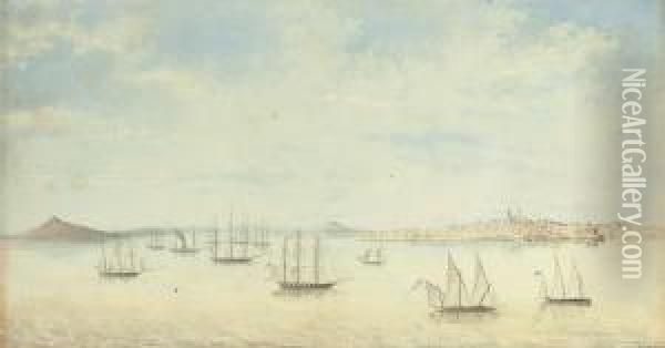 Vue De La Rade Et De La Ville De Montevideo Sur La Rio De Laplata. 1825 A 1828 Oil Painting - Edouard Georges L. Weissandt