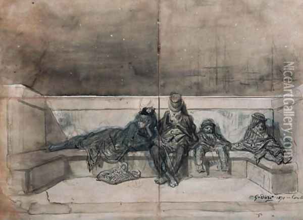 A Couple and two Children sleeping on a London Bridge Oil Painting - Gustave Dore