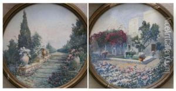 Vues De Jardins Paire De Tondos Oil Painting - Alphonse Rey