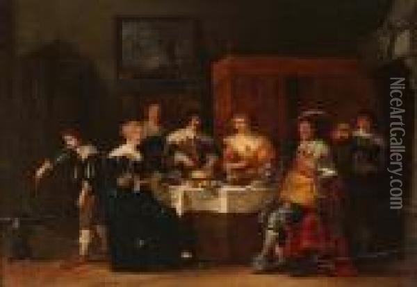 An Elegant Company Eating And Drinking In An Interior Oil Painting - Christoffel Jacobsz van der Lamen