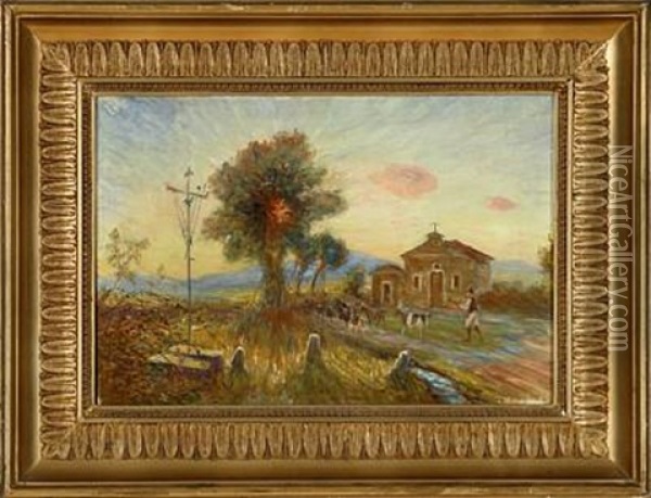 Italian Landscape With Shepherds And Their Donkeys Oil Painting - Theodor Philipsen