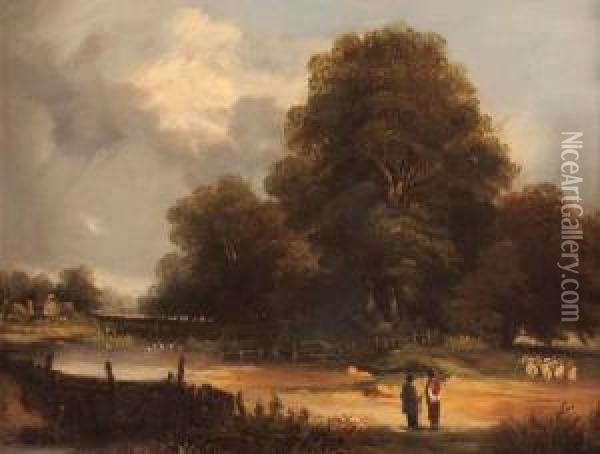 Suffolklandscape With Figures And Sheep Oil Painting - Robert Burrows