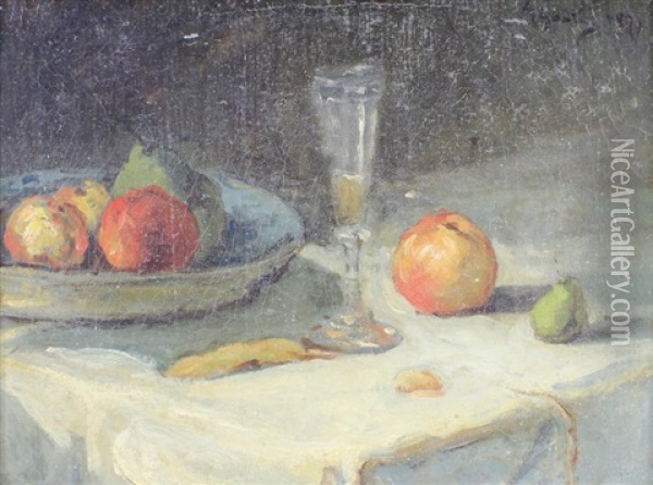 Nature Morte Aux Pommes Et Verre De Vin, 1871 (?) Oil Painting - Armand Desire Gautier