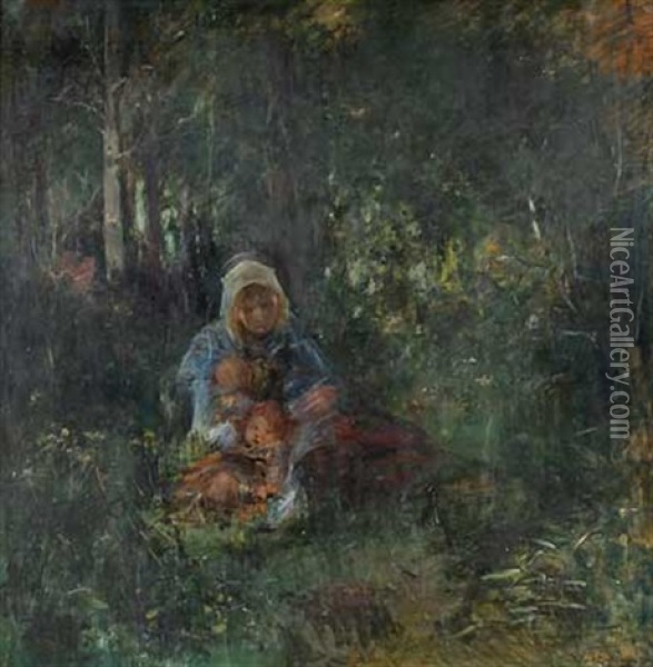 Rastende Mutter Mit Zwei Kindern Oil Painting - Hans Looschen