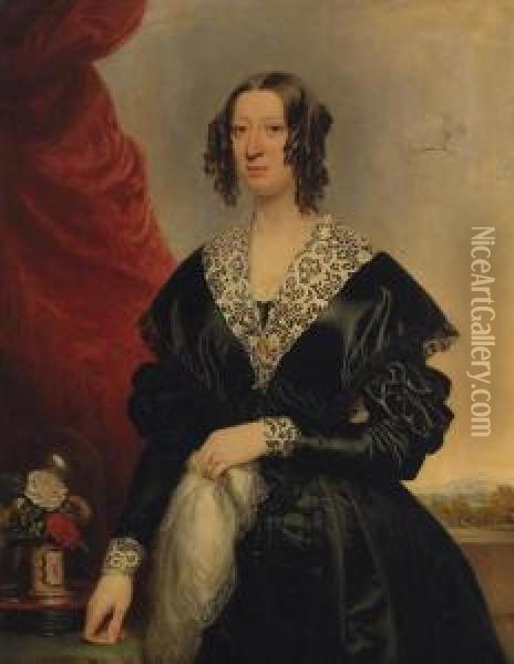 Portrait Of A Lady, Standing 
Three-quarter-length, In A Black Dresswith Lace Collar And Cuffs, 
Flowers On A Table Beside Her, Alandscape Beyond Oil Painting - William Edward Frost