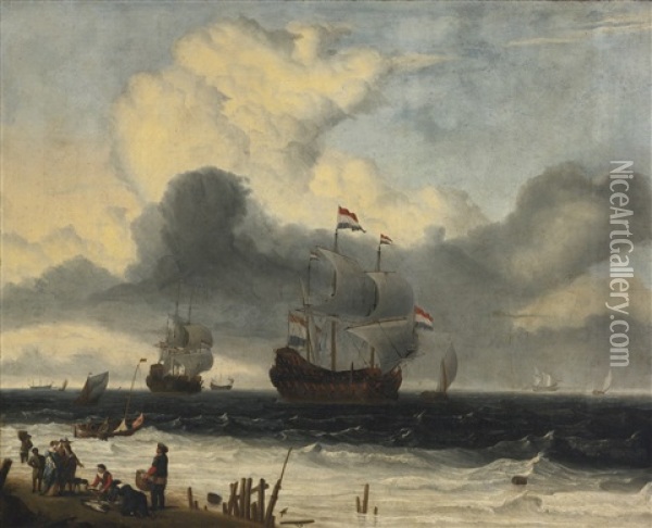 Ships Off The Coast, A Storm Approaching Oil Painting - Ludolf Backhuysen the Elder