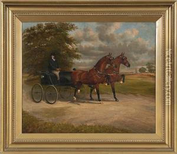 Pair
Of Bay Hackney Horses Pulling A Gig Oil Painting - William Albert Clark