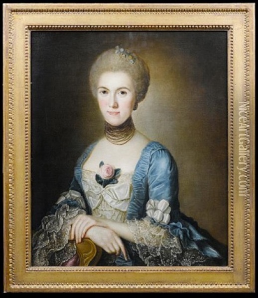 Portrait Of A Lady In A Blue Satin Dress With A White Lace Bodice And Flowers In Her Hair Oil Painting - Alexander Roslin