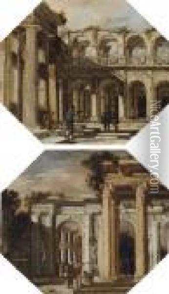 Figures Conversing Amongst Classical Colonnades Oil Painting - Viviano Codazzi