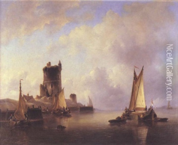 Dutch Fishing Vessels In A Calm Beside A Harbour Oil Painting - Govert Van Emmerik