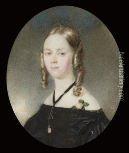 A Young Lady, In Off-the-shoulder Black Dress, A Pink Rose At Her Shoulder, Wearing A Cameo Oil Painting - Robert Theer