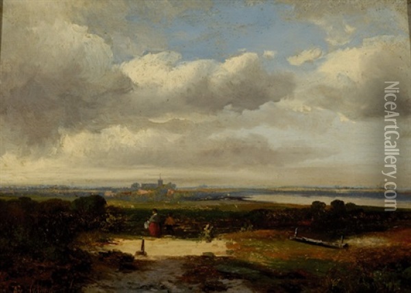 Figures In A Wide Landscape With In The Distance A City Oil Painting - Hermanus Jan Hendrik Rijkelijkhuysen