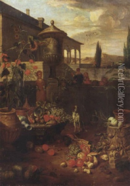 An Italianate Villa And Garden With Figures, A Still Life Of Fruit And Vegetables In The Foreground, Cypress Trees And Mountains Beyond Oil Painting - Dirk Valkenburg