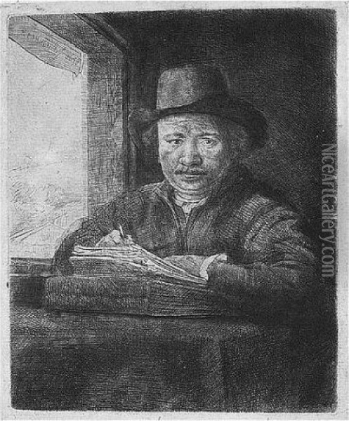 Self Portrait Drawing At A Window (b., Holl.22; H.229; Bb.48-a) Oil Painting - Rembrandt Van Rijn