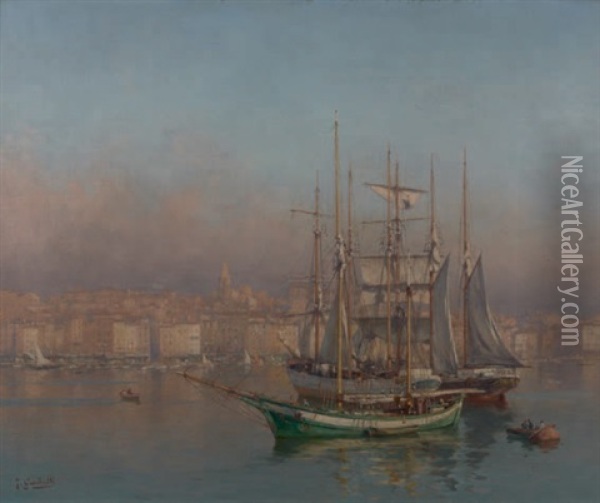 Le Vieux Port Et Le Clocher Des Accoules, Marseille Oil Painting - Joseph Garibaldi