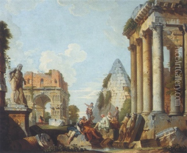 Capriccio Scene With Figures Resting Near A Pool Of Water Oil Painting - Giovanni Paolo Panini