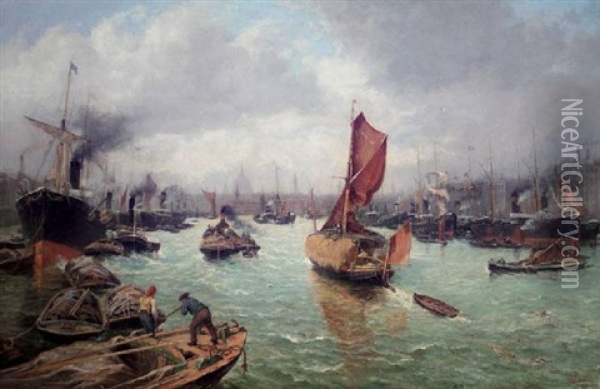 The Thames From London Bridge, Looking Towards St. Pauls Oil Painting - Samuel C. Bird