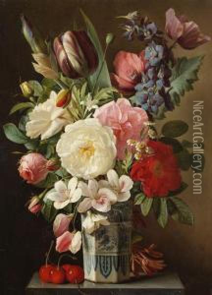 Blumenstillleben Mit Rosen Und Tulpen In Einer Delfter Vase Oil Painting - Augustin Alexandre Thierriat