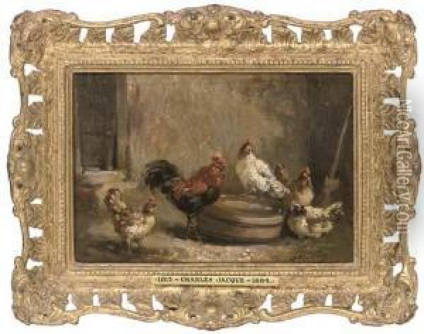 Chickens In A Barn Oil Painting - Charles Clair