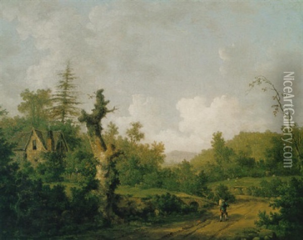Wooded Landscape With A Cottage And A Figure On A Path Oil Painting - William Marlow