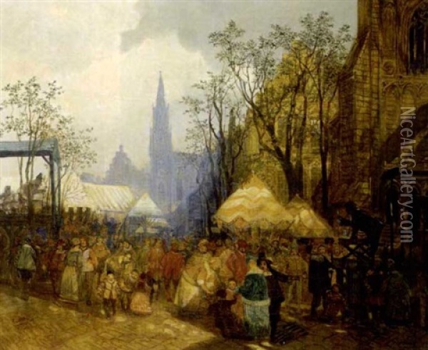Buntes Treiben Auf Dem Markt Von Delft Oil Painting - Carl Duxa