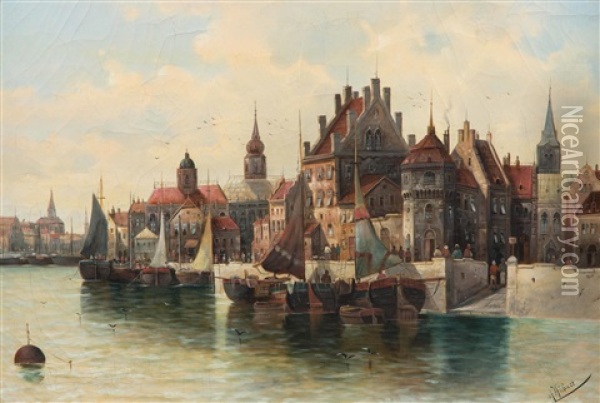 Belebte Niederlandische Hafenstadt Oil Painting - Anton Huebner