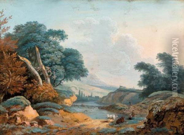 Arcadian Landscape With Figures And Cattle Oil Painting - Lazare Bruandet