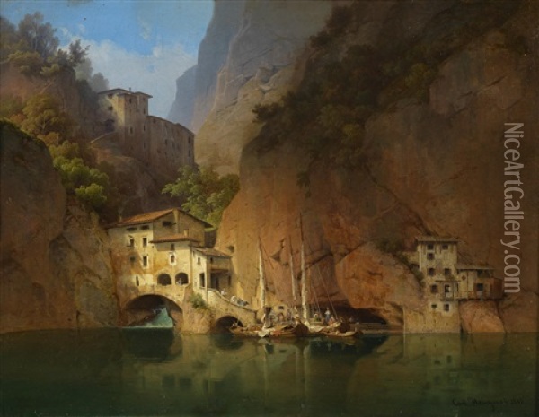 Fischer An Einem Italienischen See Oil Painting - Carl Friedrich Heinzmann
