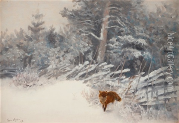 Winter Landscape With Fox Oil Painting - Bruno Liljefors