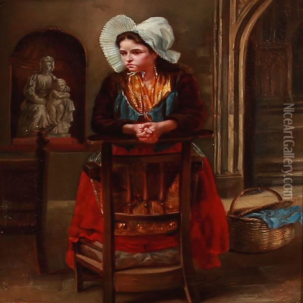 Church Interiour With Praying Woman Oil Painting - George Brightwell