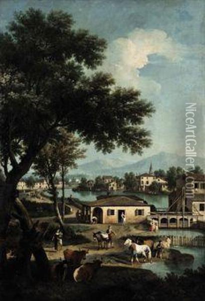 Paesaggio Del Brenta Alla Chiusa Di Dolo Oil Painting - Gianbattista Cimaroli
