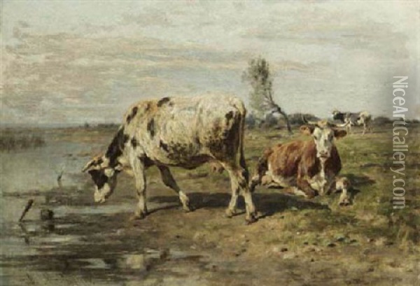 Cows Watering Oil Painting - Antonis Matteo Montemezzo