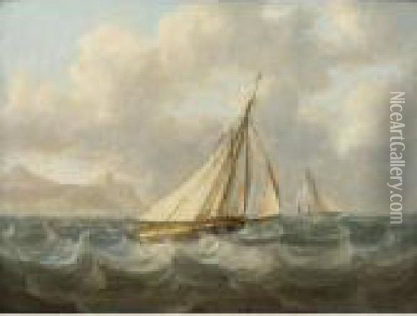 Under Sail Off An Eastern Coast Oil Painting - Thomas Buttersworth
