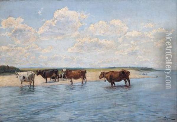 Landscape, River And Cows Oil Painting - Adoljeff Iljitsch Lewitan