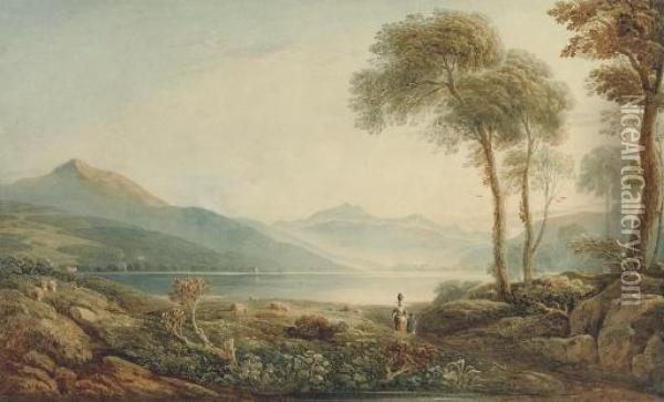 View Of Lake Bala, Snowdonia, With Cader Idris Beyond Oil Painting - John Varley