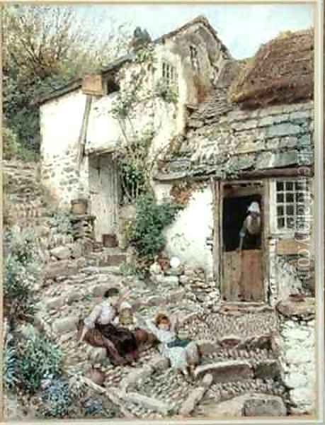 Young Girls At Rest On Cobbled Steps Oil Painting - Myles Birket Foster