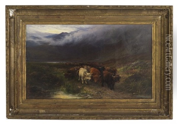 Highland Cattle On Road To Argyllshire Oil Painting - Henry Garland