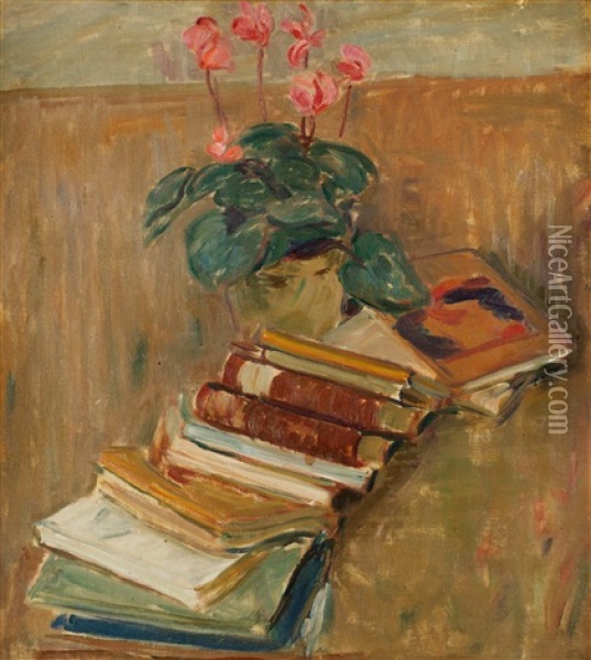 Stilleben Med Blommor Och Bocker Oil Painting - Karl Isakson